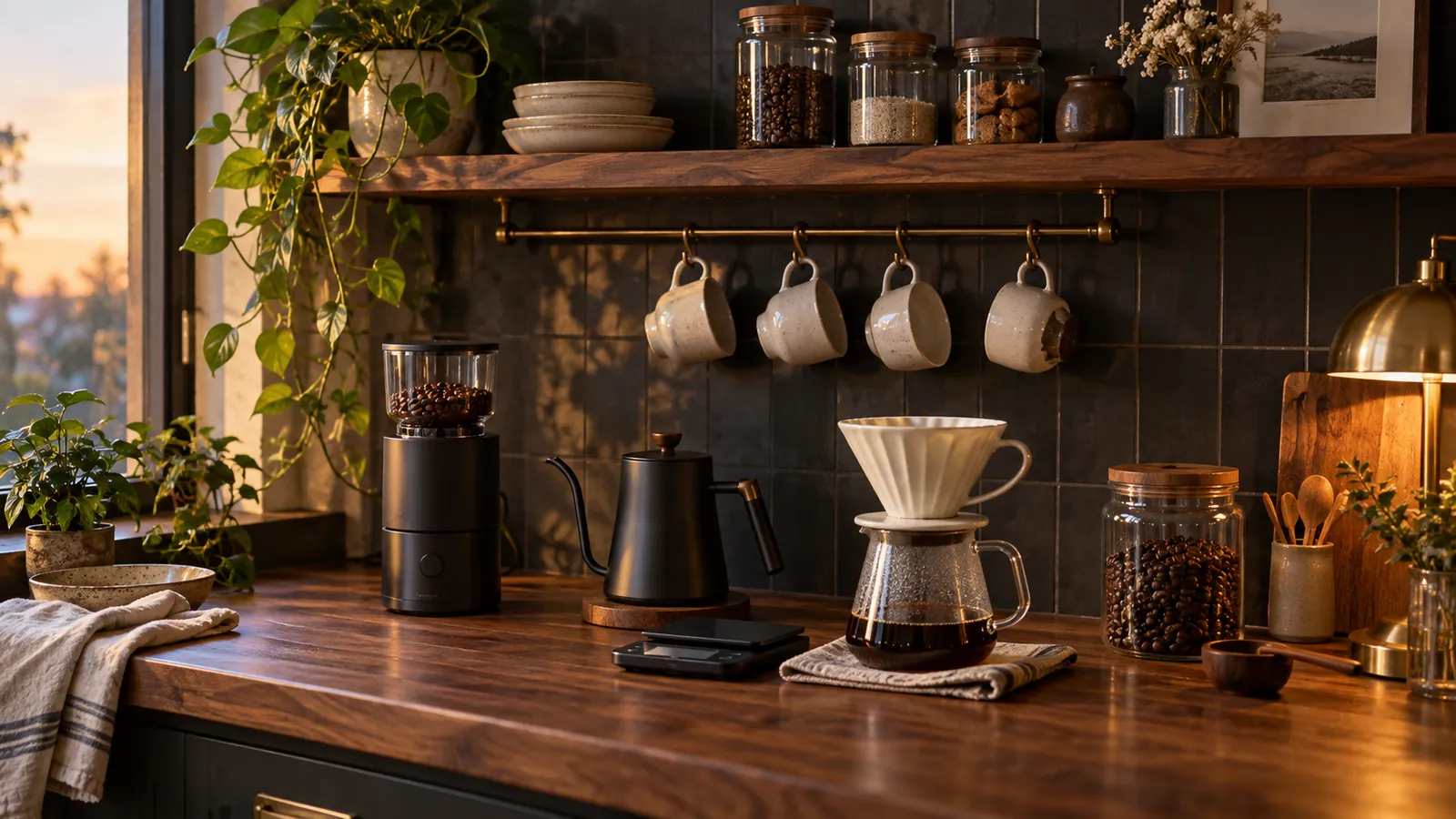 A home coffee corner with grinder, kettle, scale and a pour-over on a wooden counter