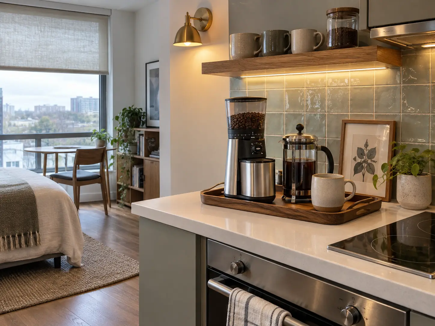 An electric burr grinder beside a French press on a tray, the best cheap coffee grinder setup in a small studio kitchen