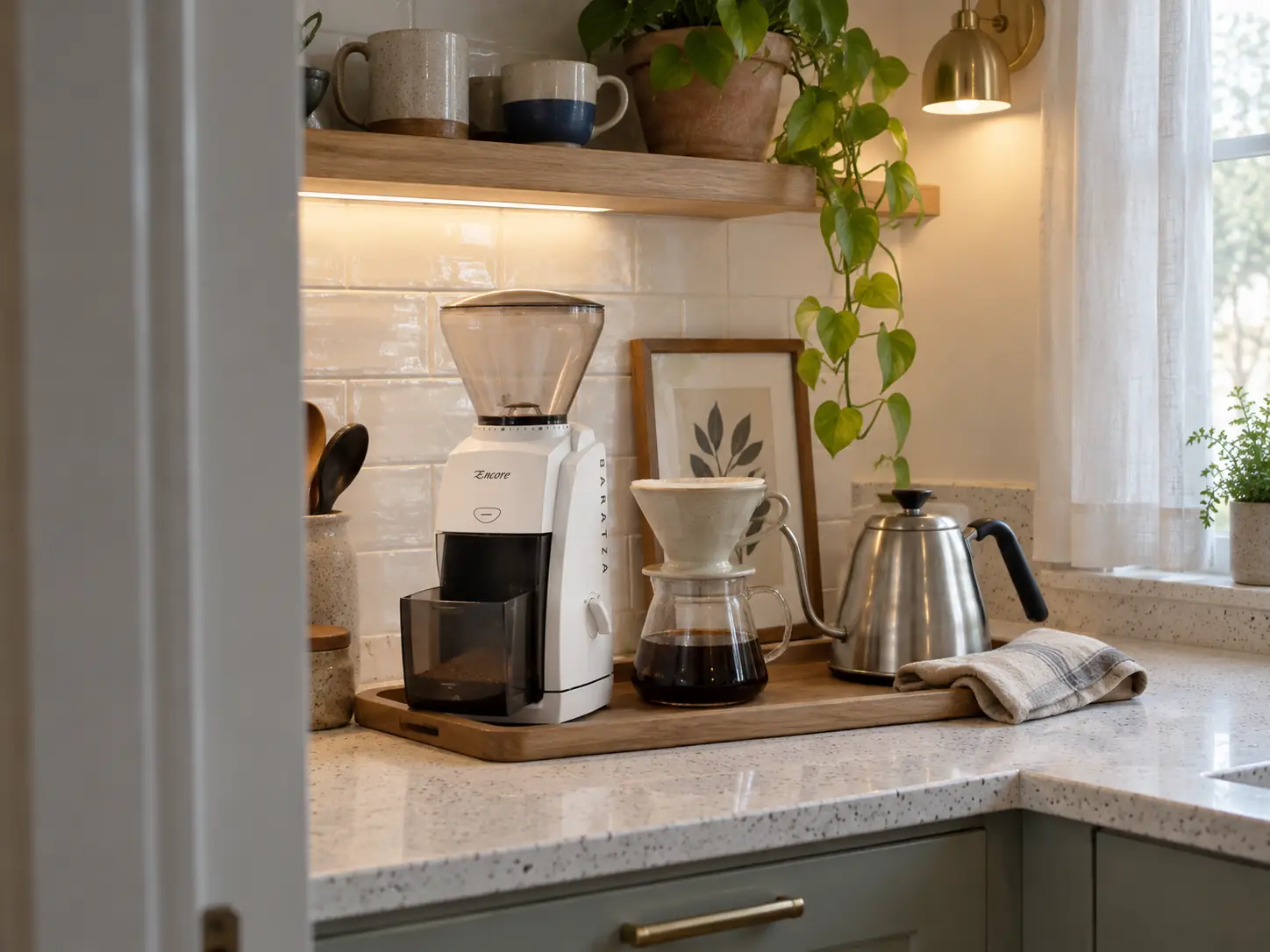 A burr grinder on a wooden tray beside a pour-over dripper, one of the best coffee grinders for home in a rental kitchen