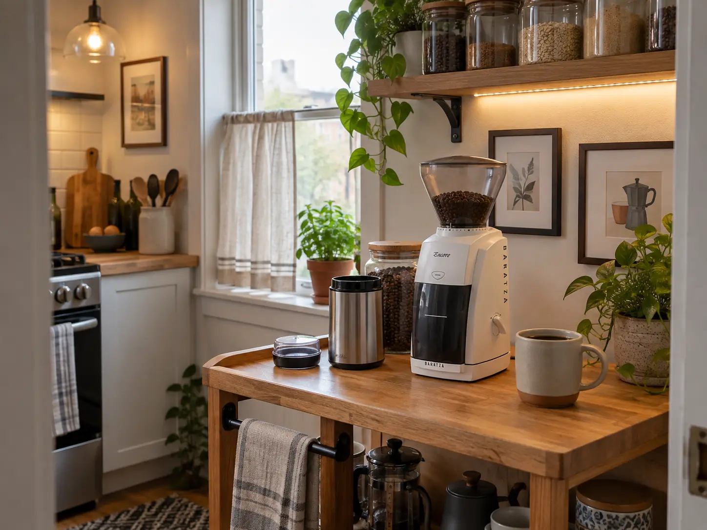 A burr grinder and a blade grinder side by side on a coffee cart, a burr vs blade grinder for coffee comparison