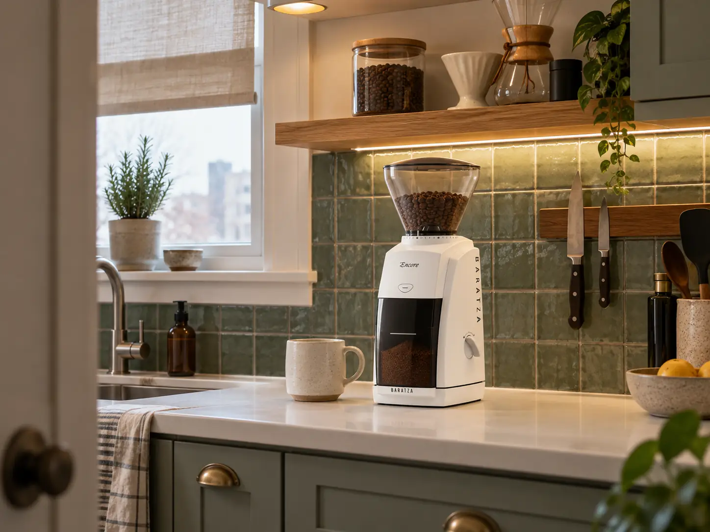 What is a burr grinder: a white burr grinder on a narrow city kitchen counter, beans in the hopper, even grounds in the bin