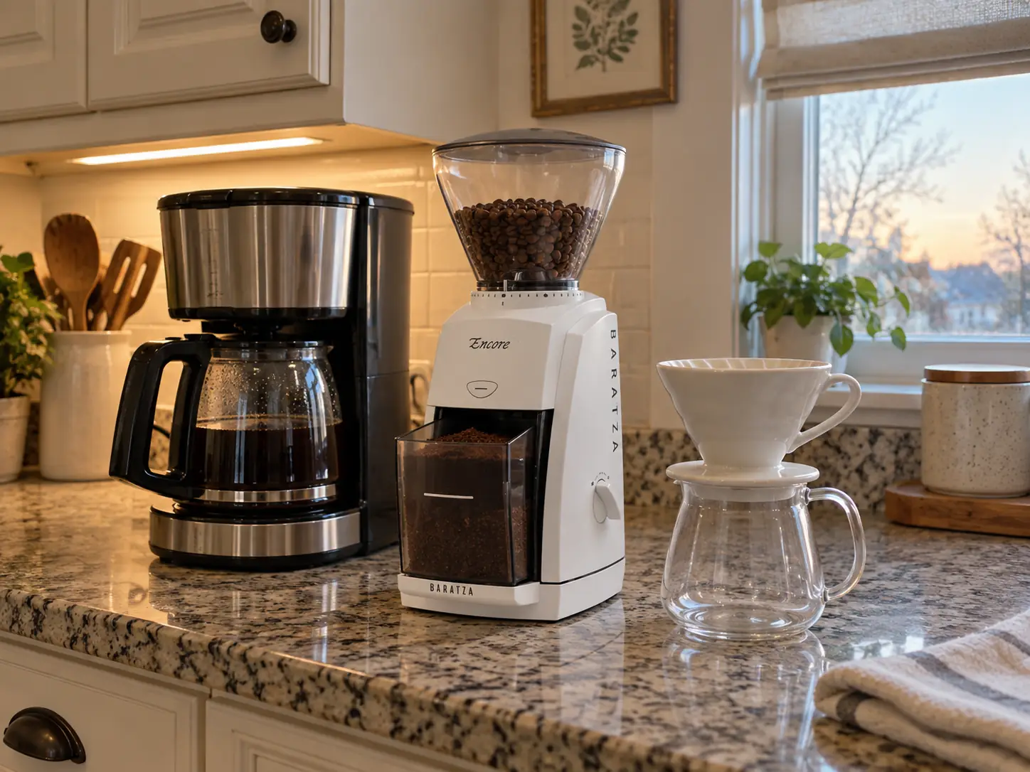 What type of burr grinder is best: one white conical grinder beside a drip coffee maker and a pour-over dripper