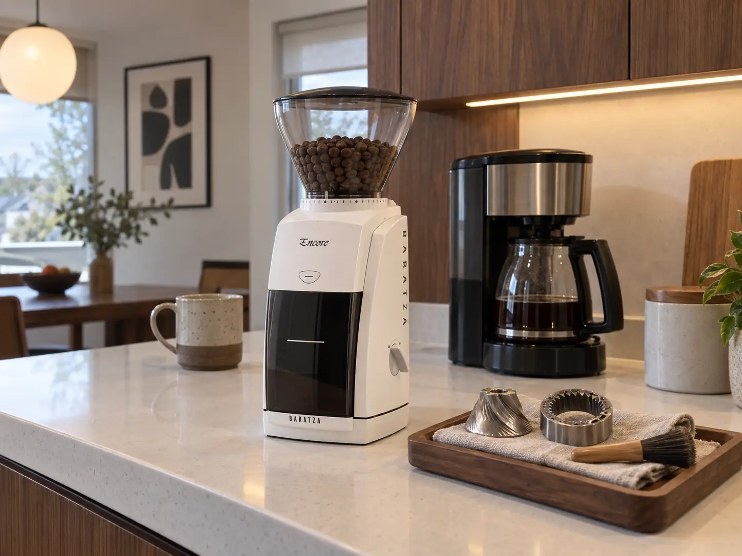 When to change coffee grinder burrs: a white burr grinder beside a new burr set and a small brush on a walnut tray
