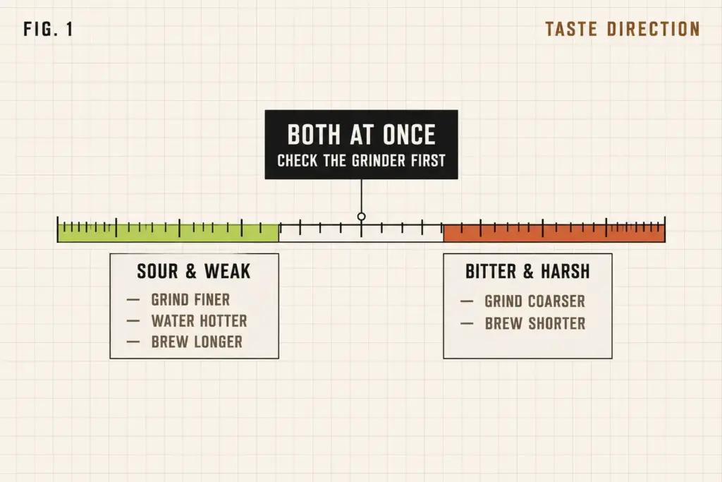 Patent-plate diagram of a sour-to-bitter taste scale with fixes on each side and a middle uneven-grind marker
