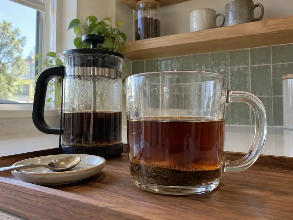 A clear glass mug of French press coffee with a layer of fine sludge settled at the bottom from an uneven cheap grind