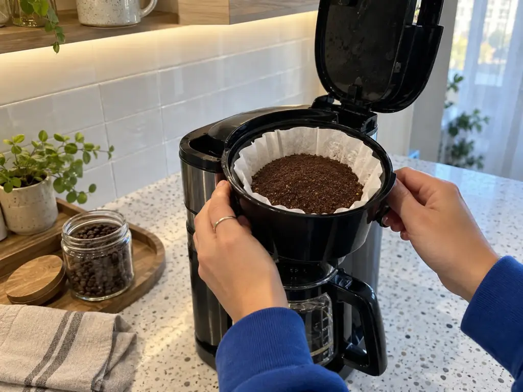 Hands leveling fresh medium grounds in a drip coffee maker's filter basket before brewing the weekday pot at home