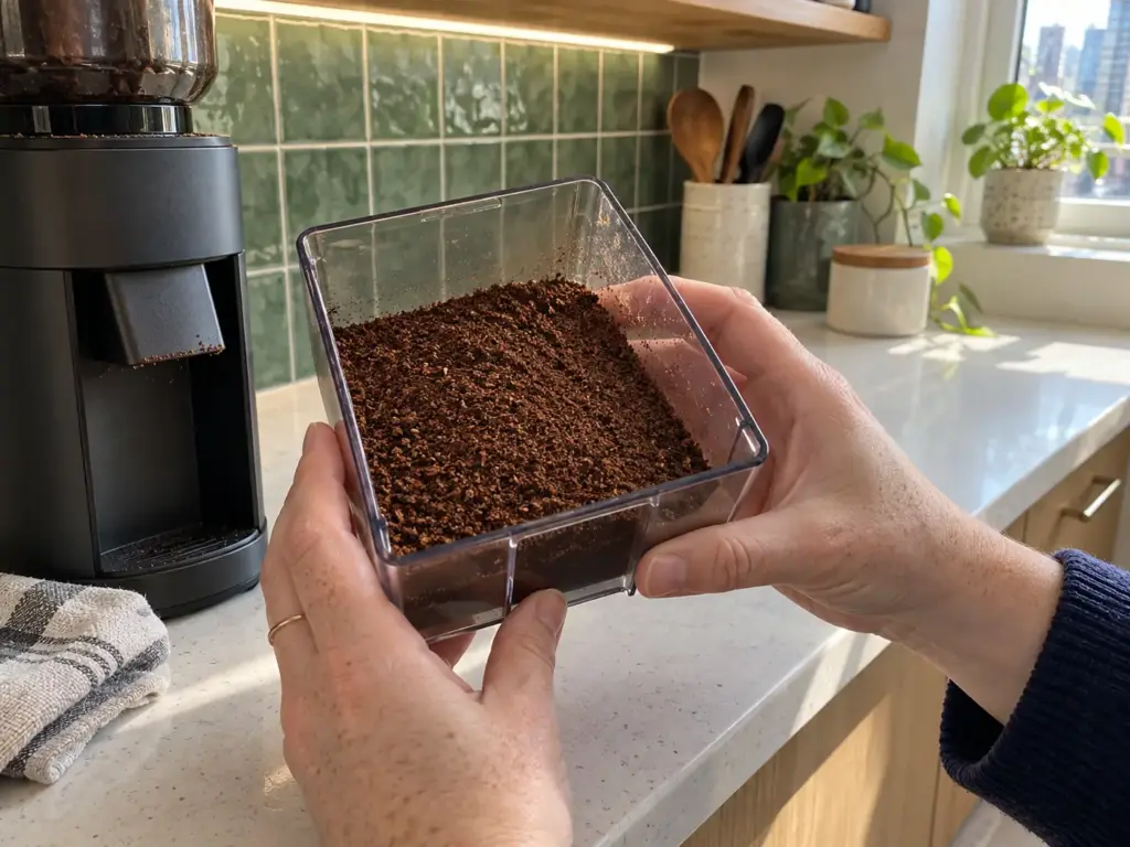 Hands holding a burr grinder's bin of even medium coffee grounds over a quartz counter, the chute just above