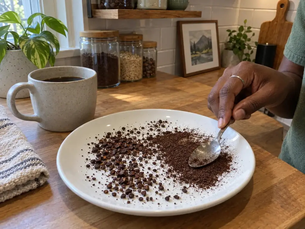 Uneven blade-ground coffee spread on a white plate, fine dust and large chunks next to a mug of coffee