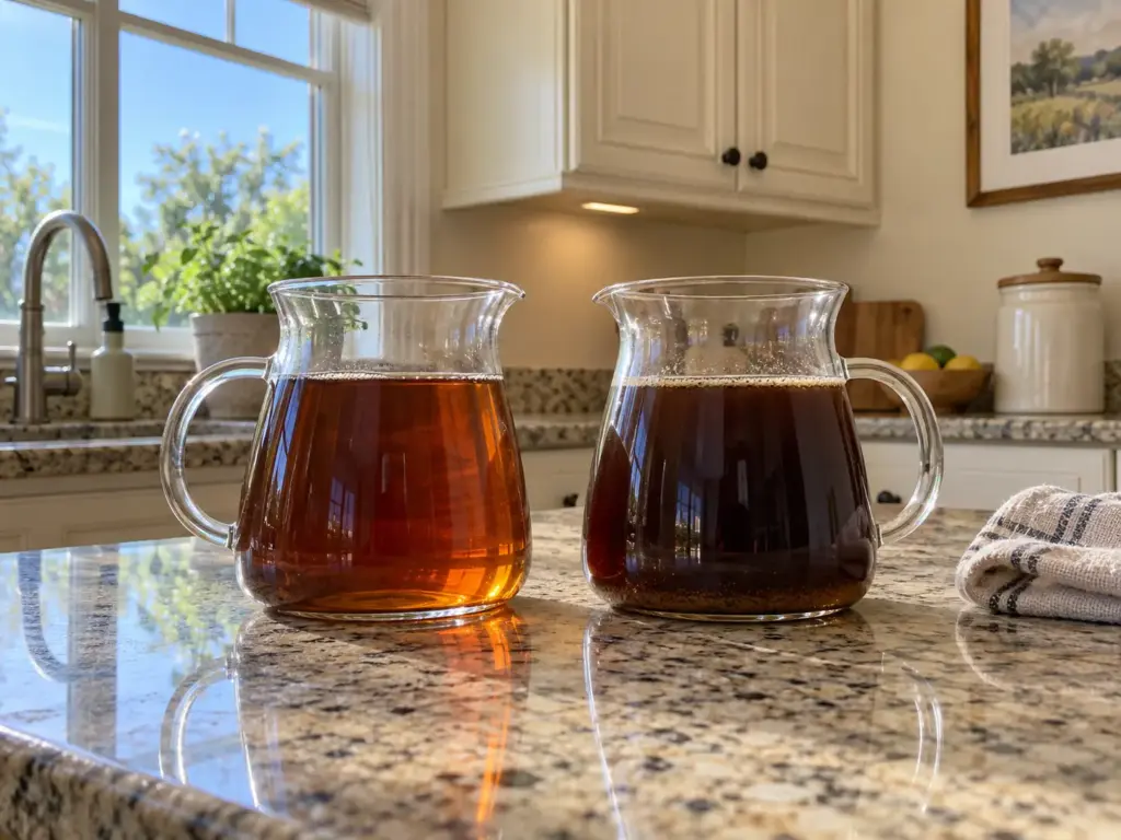 Conical vs flat burrs in the cup: a clear paper-filter coffee next to a cloudier French press coffee in glass servers