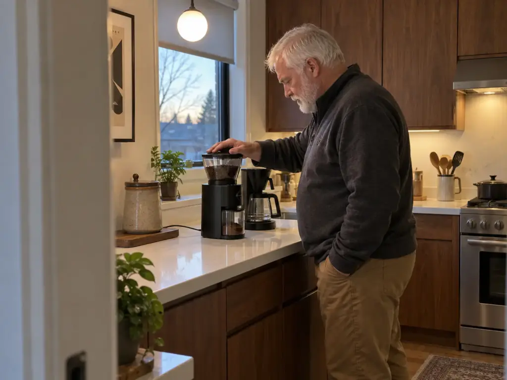 Signs it's time to change coffee grinder burrs: a man waits on a slow grind, one hand resting on the grinder's lid