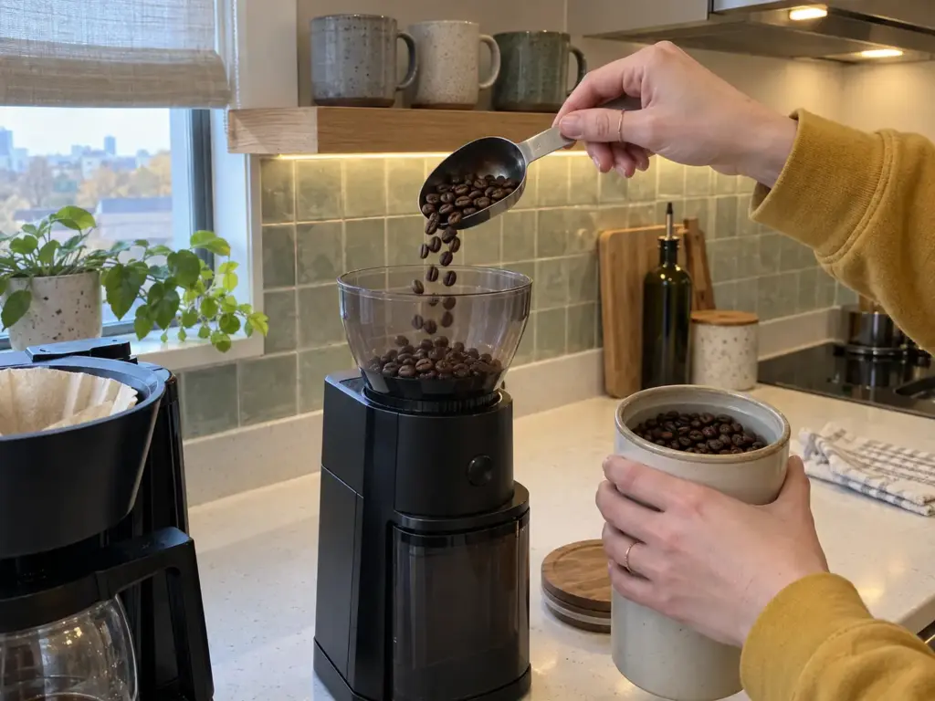Hands pouring one morning's dose of whole beans into a cheap burr grinder's hopper instead of grinding for the whole week
