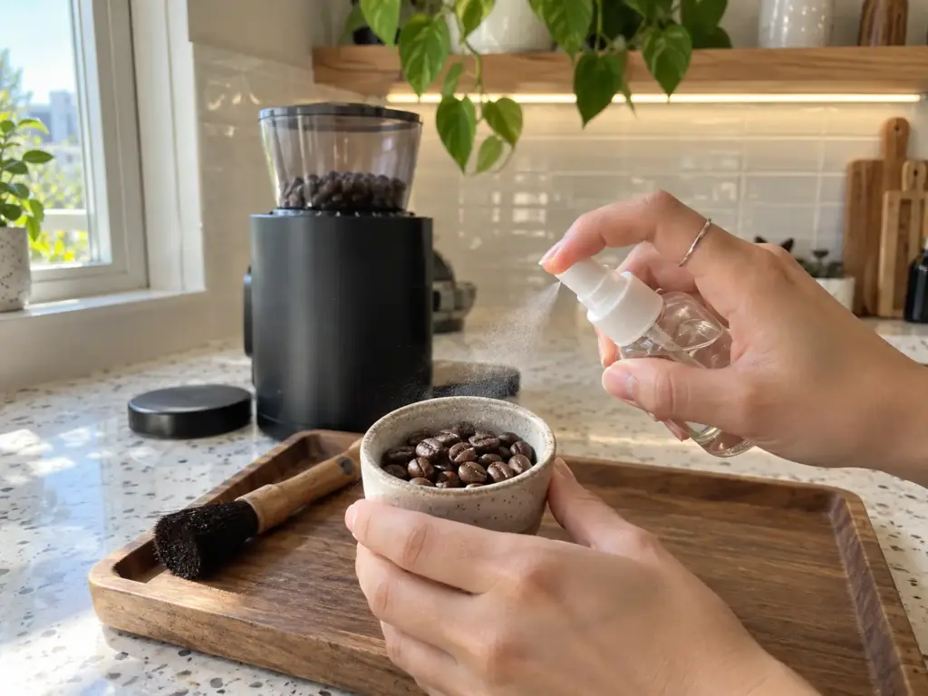 A small spray bottle misting whole coffee beans in a cup before grinding, to stop static in a burr grinder at home