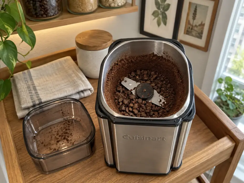 An open blade coffee grinder showing chopped grounds of uneven size around the blade inside the chamber