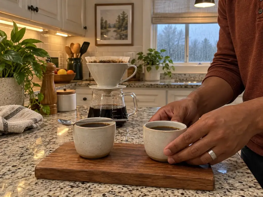 Hands setting down a second small tasting cup of coffee beside the first, a spent pour-over bed of grounds behind them