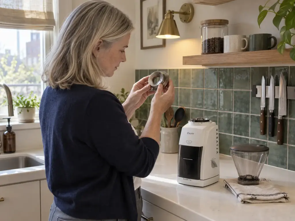 A woman holding a steel ring burr up to the window light, her white burr grinder open on the counter with the hopper removed
