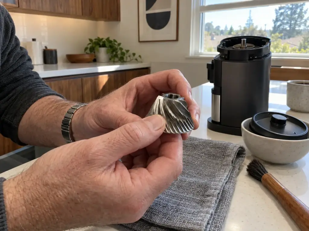 Checking a conical burr before replacing it: a thumbnail drawn across the cutting edge over a folded towel