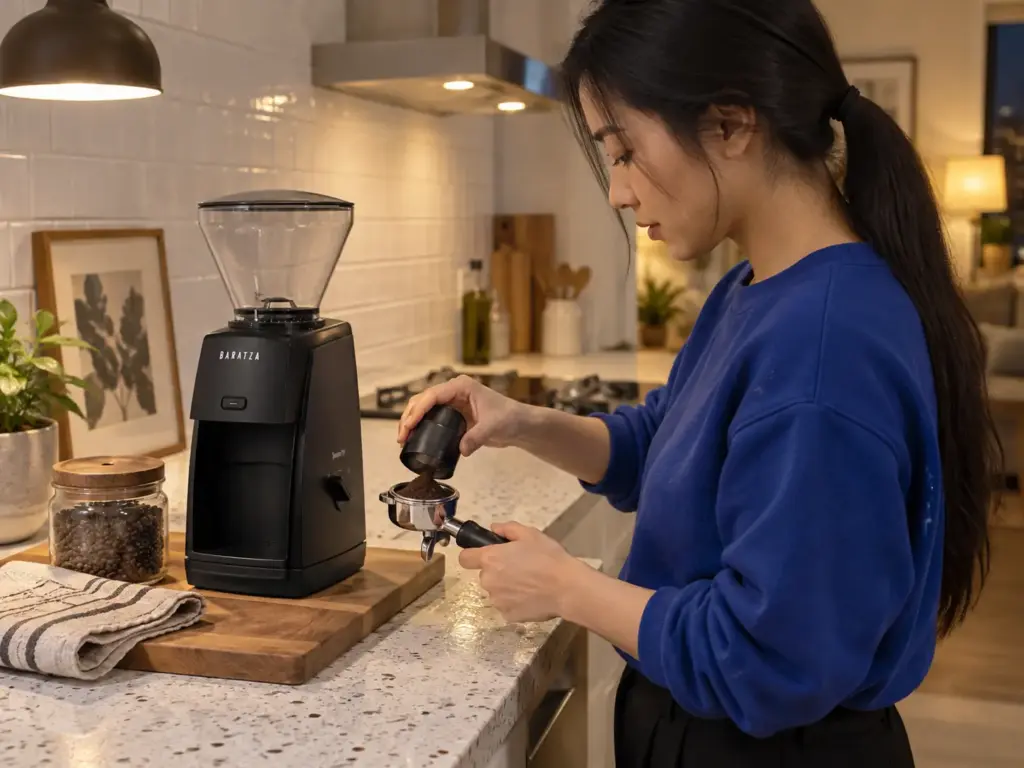 A woman tapping fine espresso grounds from a burr grinder's dosing cup into a portafilter basket on a small kitchen counter