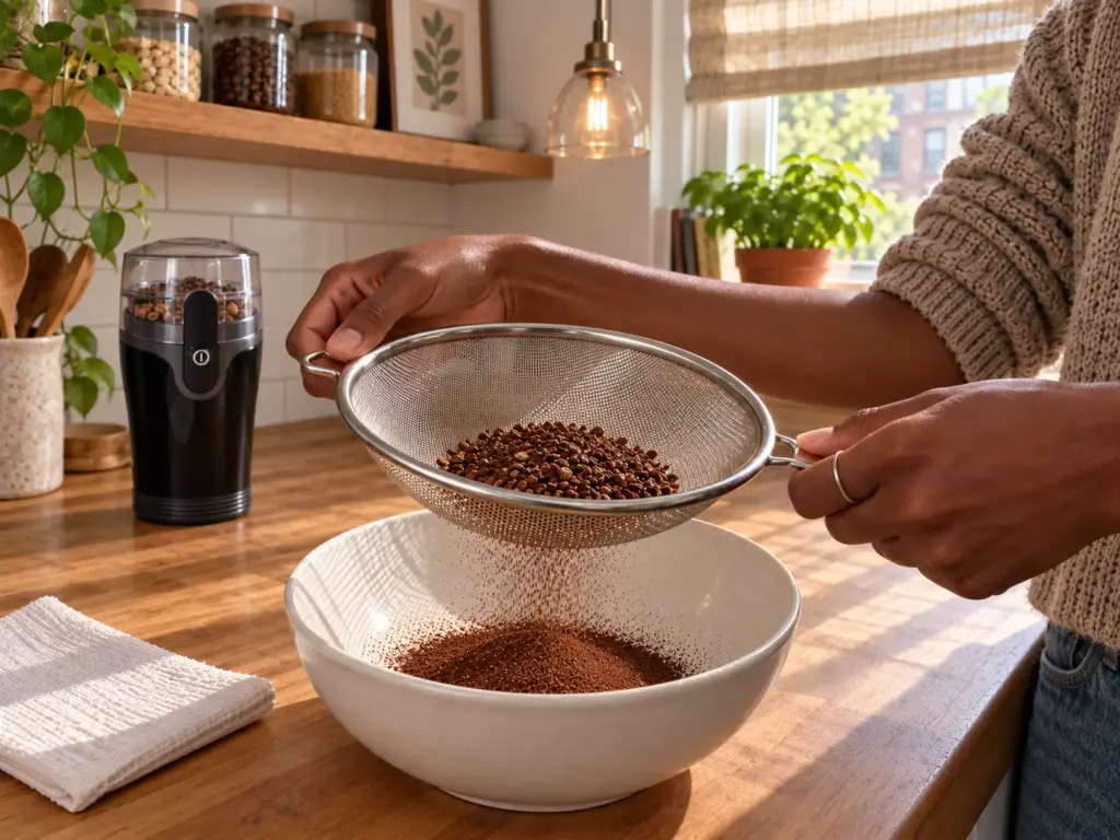 Hands shaking fresh coffee grounds through a fine kitchen sieve over a bowl, a blade grinder behind them
