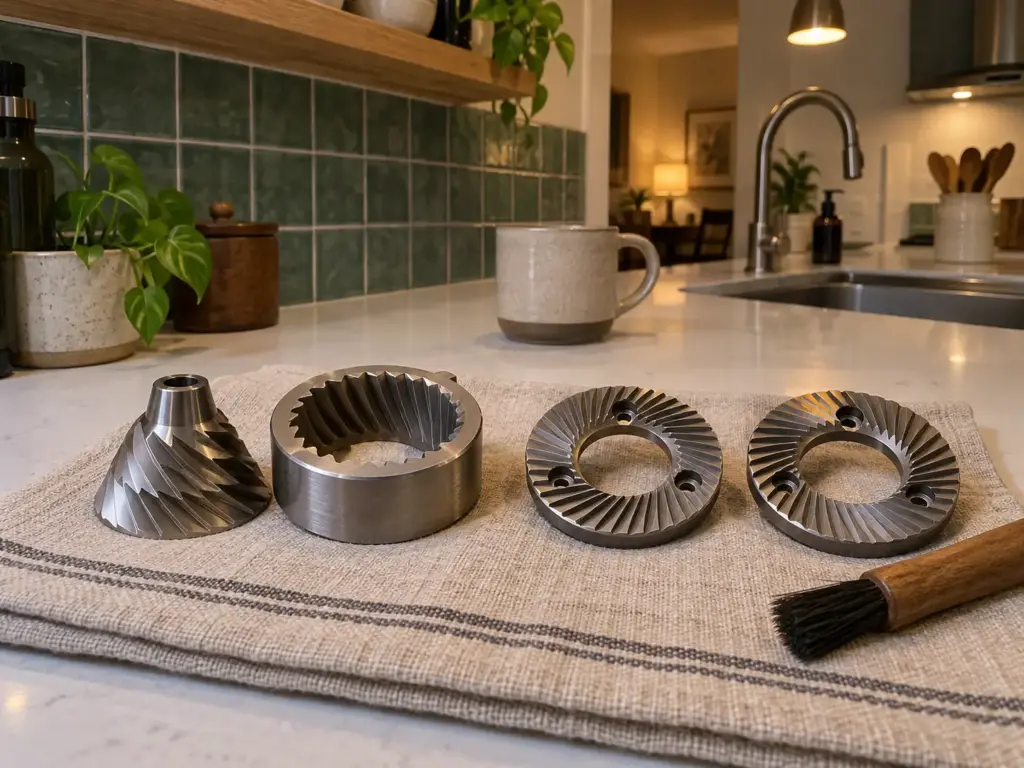 A conical burr set and a pair of flat burrs side by side on a linen towel on a quartz kitchen counter