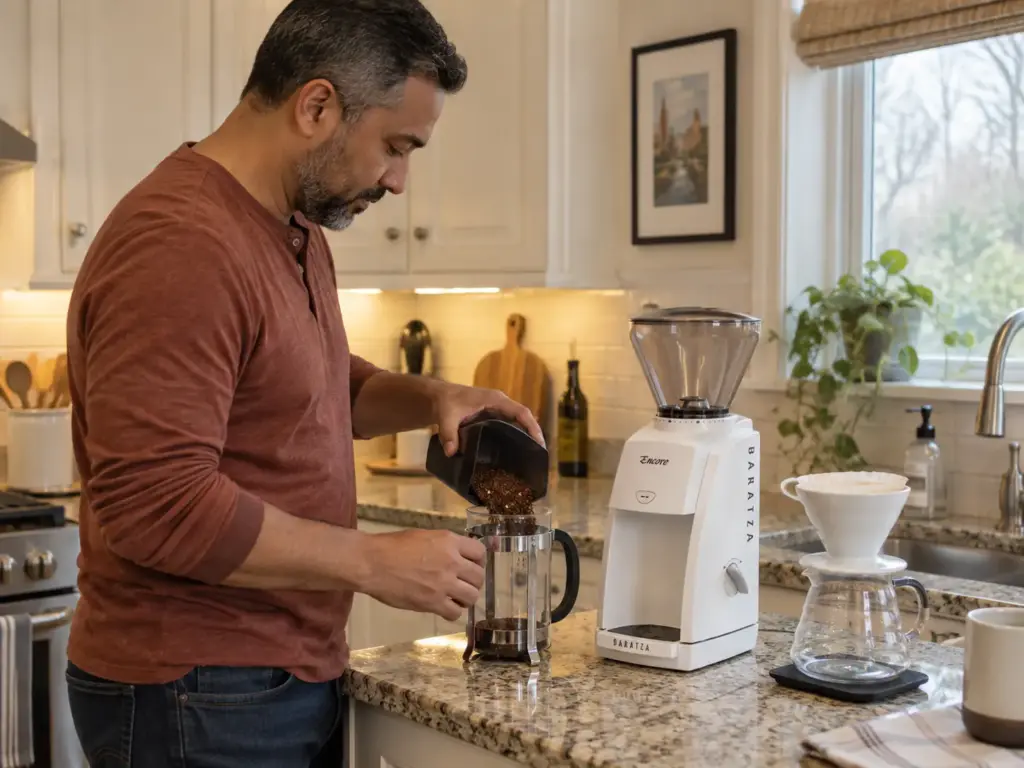 A man tipping coarse grounds from a white conical burr grinder into a French press, a pour-over dripper waiting beside it