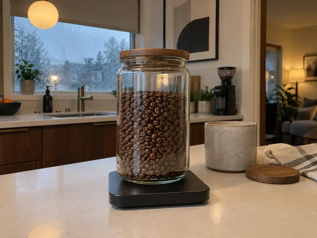 How much coffee a home grinder goes through: a week of beans in a glass jar on a kitchen scale