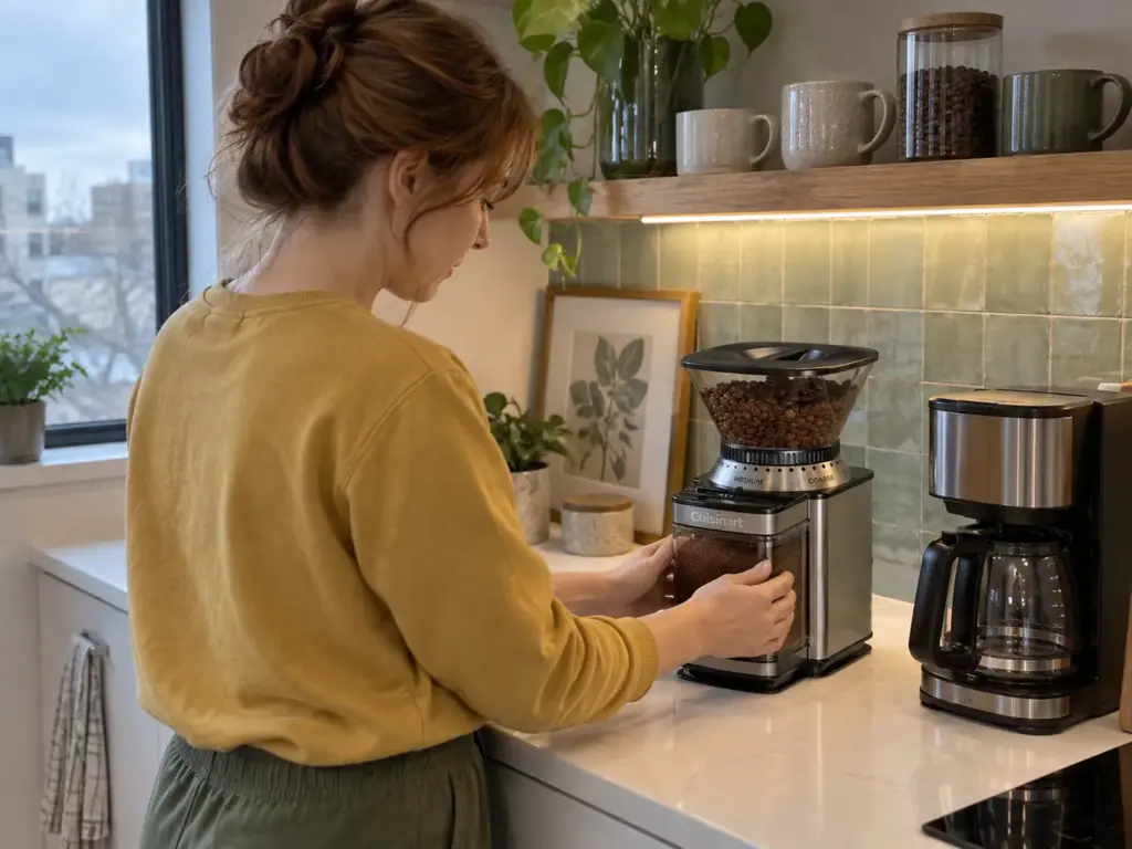A woman seating the grounds bin of a cheap electric burr grinder before grinding the morning drip pot in a studio kitchen