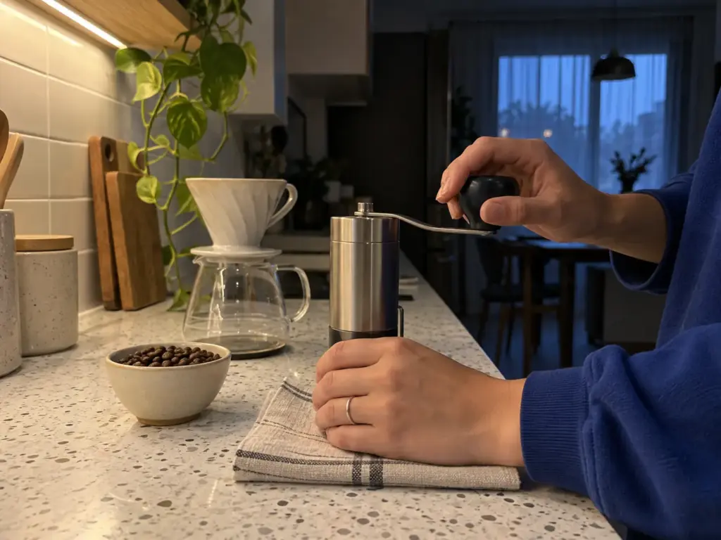 A hand grinder and a folded towel on a small kitchen counter before dawn, lit only by the under-cabinet light