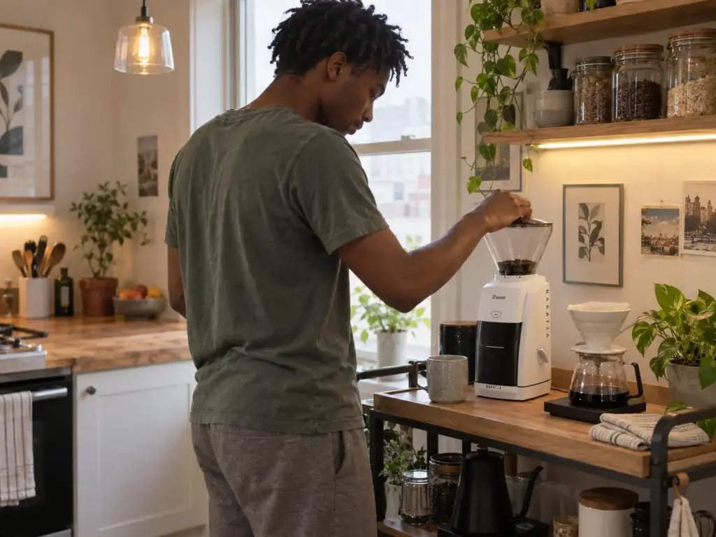 A young man turning the grind setting on a white burr grinder at his coffee cart, a pour-over dripper waiting beside it