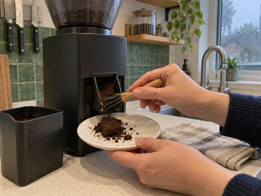 Hands brushing packed coffee grounds out of a burr grinder's chute onto a small white plate