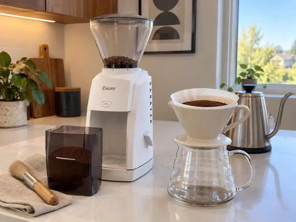 After replacing grinder burrs: a white burr grinder beside the first fresh grounds in a pour-over dripper