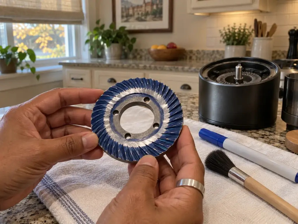 A flat steel burr coated in whiteboard ink with an even rubbed ring, the marker test for burr alignment