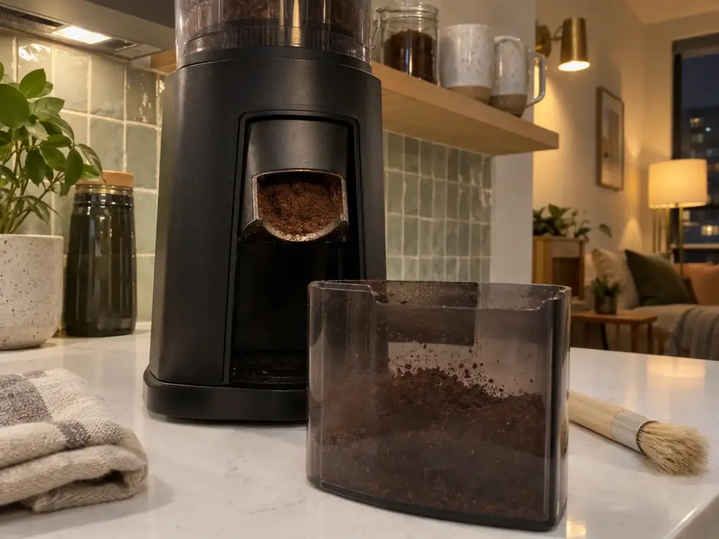 Old coffee grounds packed around the outlet chute of a cheap burr grinder after two months, the grounds bin pulled out