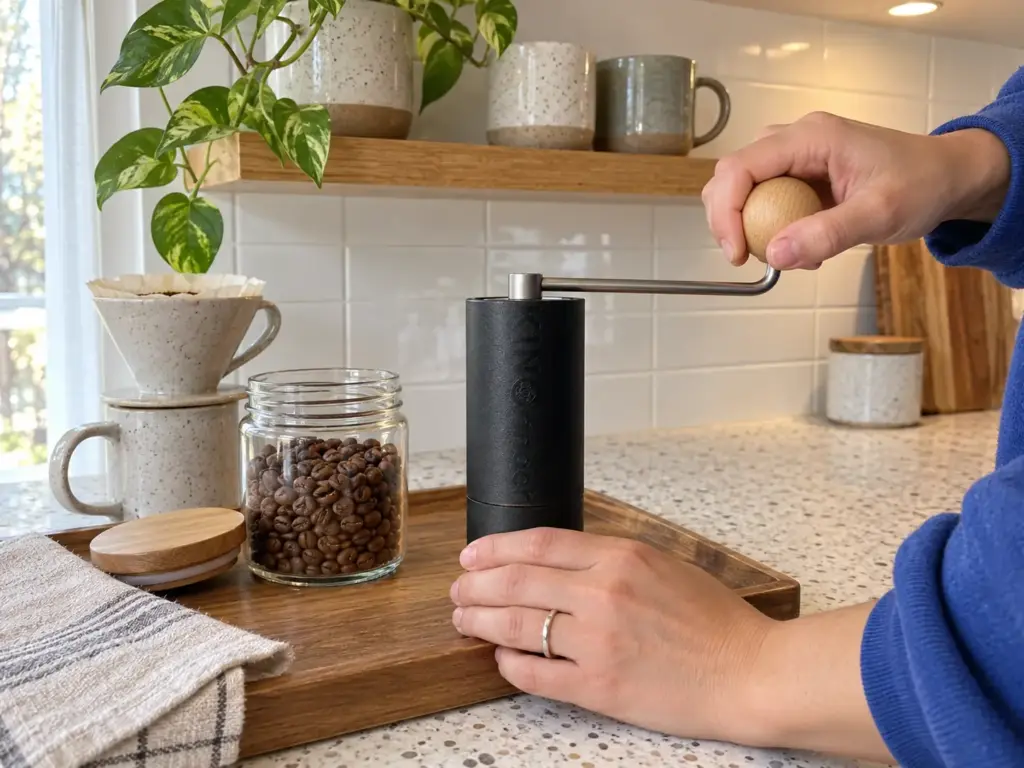 Hands turning the crank of a budget manual burr grinder over a wooden tray, the cheapest way into an even grind at home