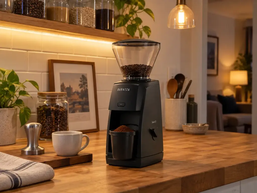 A black burr grinder for espresso on a butcher-block counter with a small dose of fine grounds in its catch cup