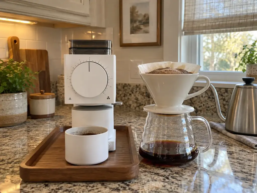 A flat burr grinder on a wooden tray beside a pour-over dripper where the bloom has just risen