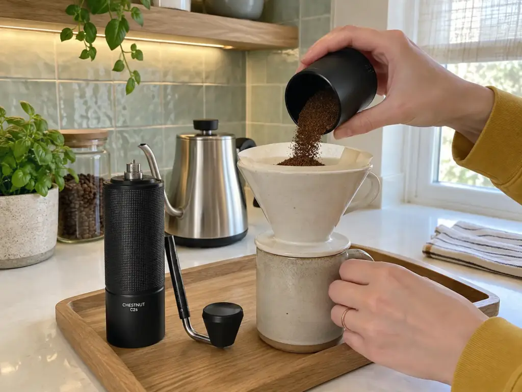 Hands tipping fresh grounds from a metal hand grinder's catch cup into a cone dripper set on a mug for one cup