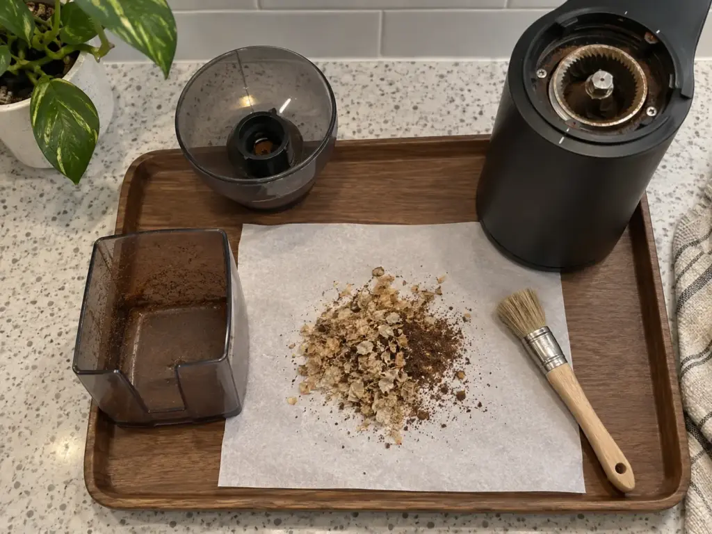A burr grinder's removed grounds bin, a soft brush and a small pile of chaff and fines on parchment during a routine cleaning