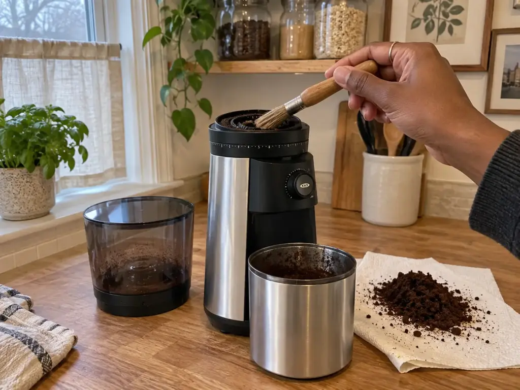 A burr coffee grinder with its hopper lifted off during cleaning, a small brush and the grounds container beside it